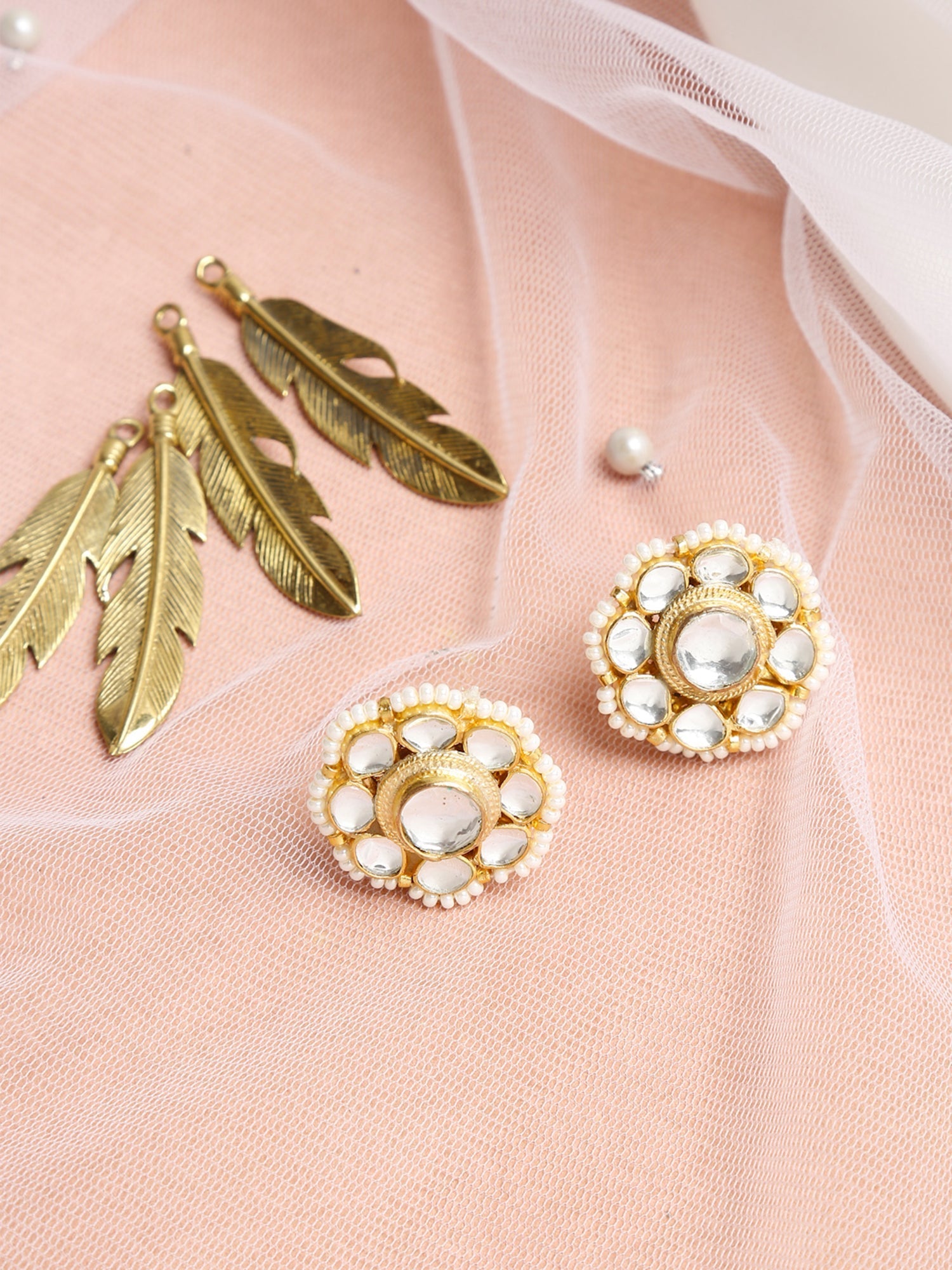 Gold-Toned Floral Kundan Studded Studs Earrings - Ruby Raang - Grab2buy