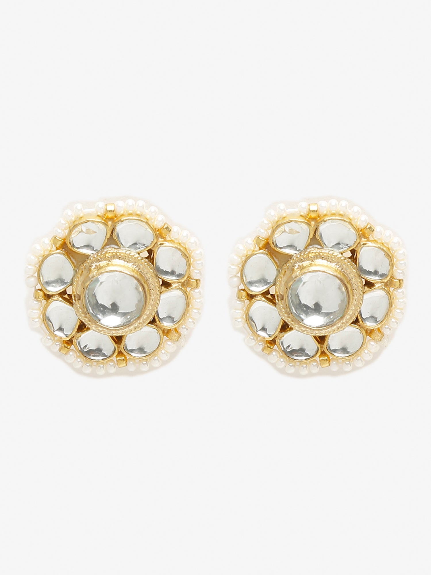 Gold-Toned Floral Kundan Studded Studs Earrings - Ruby Raang - Grab2buy