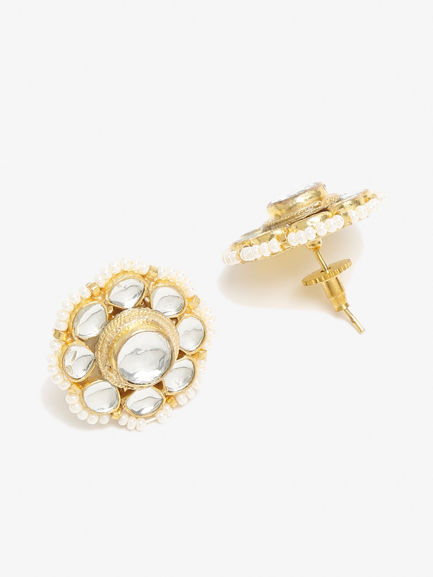 Gold-Toned Floral Kundan Studded Studs Earrings - Ruby Raang - Grab2buy