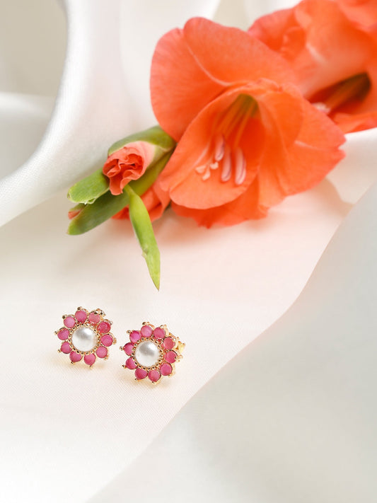 Maroon Gold-Plated Floral Studs Earrings - Ruby Raang - Grab2buy