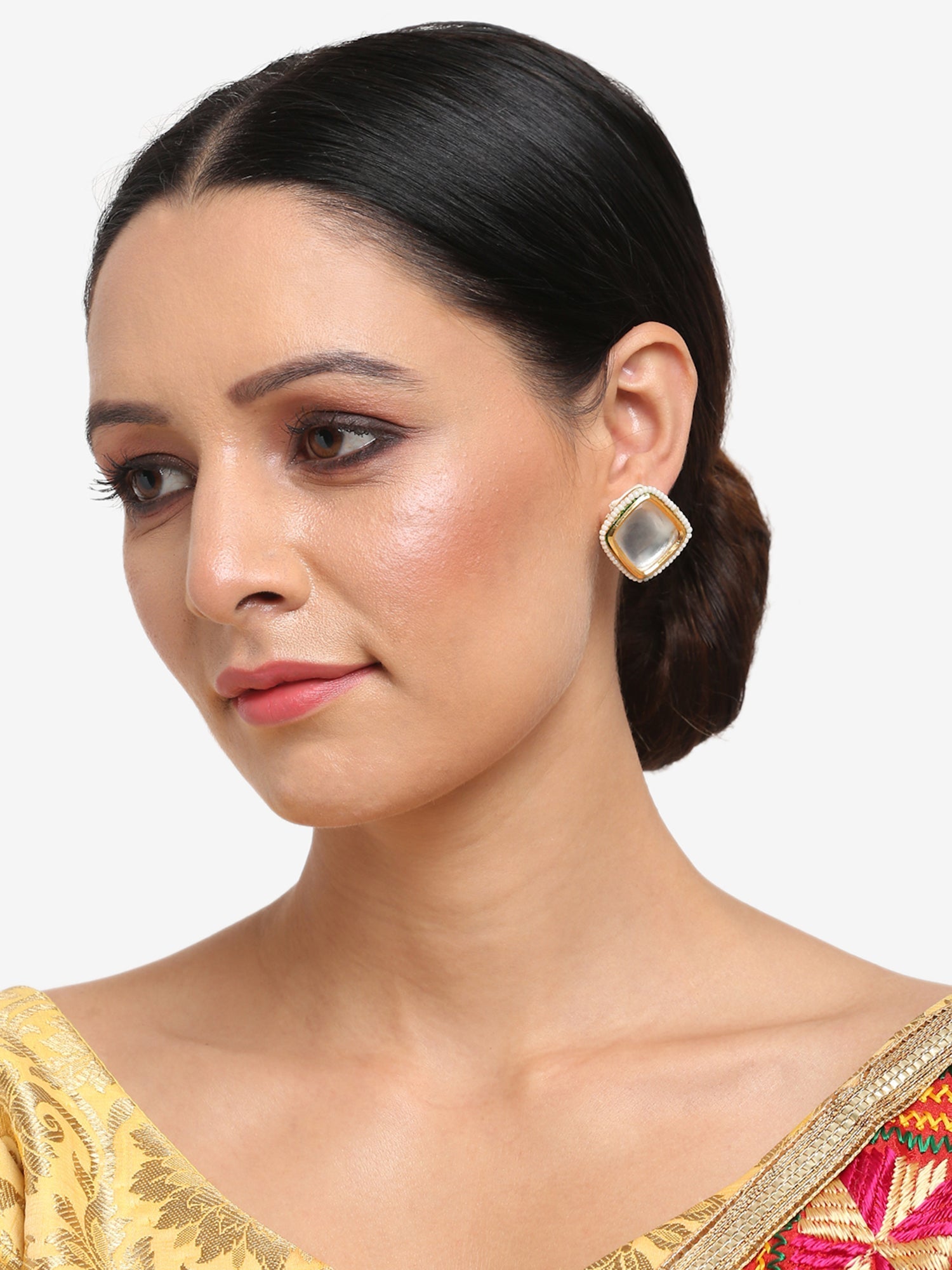 White Artificial Stone Beads Studded Contemporary Studs Earrings - Ruby Raang - Grab2buy