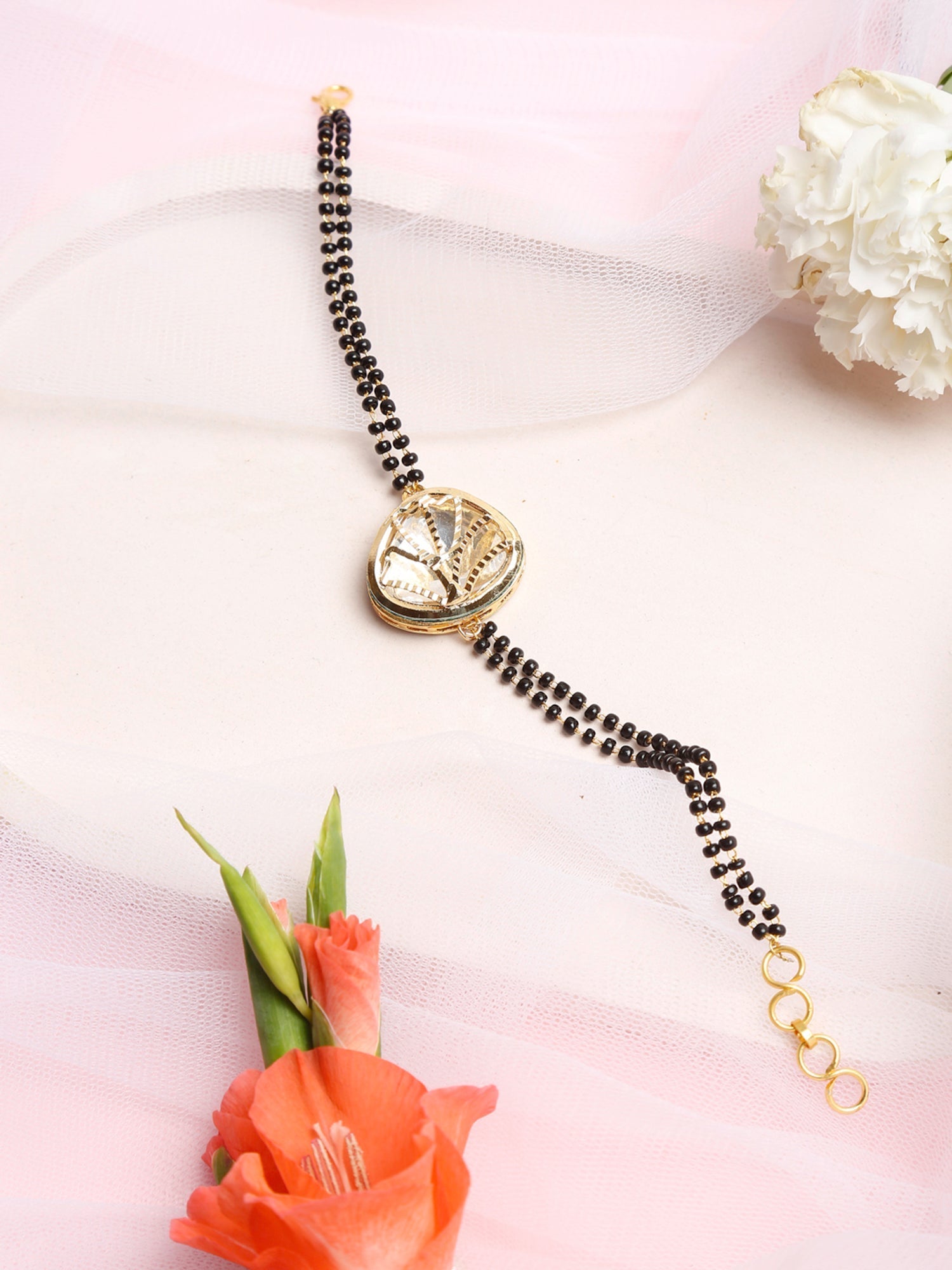 Women's Black Gold-Plated Charm Kundan Studded Mangalsutra Bracelet - Ruby Raang - Grab2buy