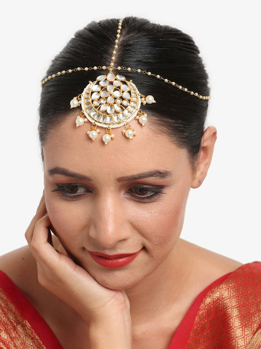 Gold-Plated White Kundan-Studded Pearl Beaded Handcrafted Maatha Patti - Ruby Raang - Grab2buy