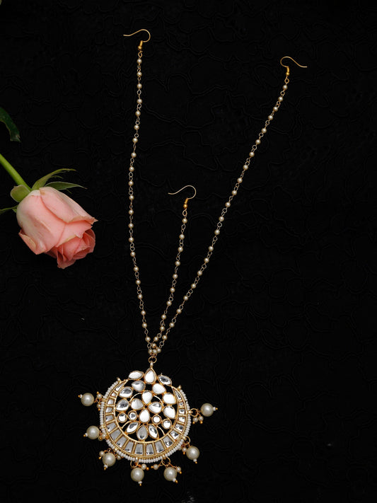 Gold-Plated White Kundan-Studded Pearl Beaded Handcrafted Maatha Patti - Ruby Raang - Grab2buy