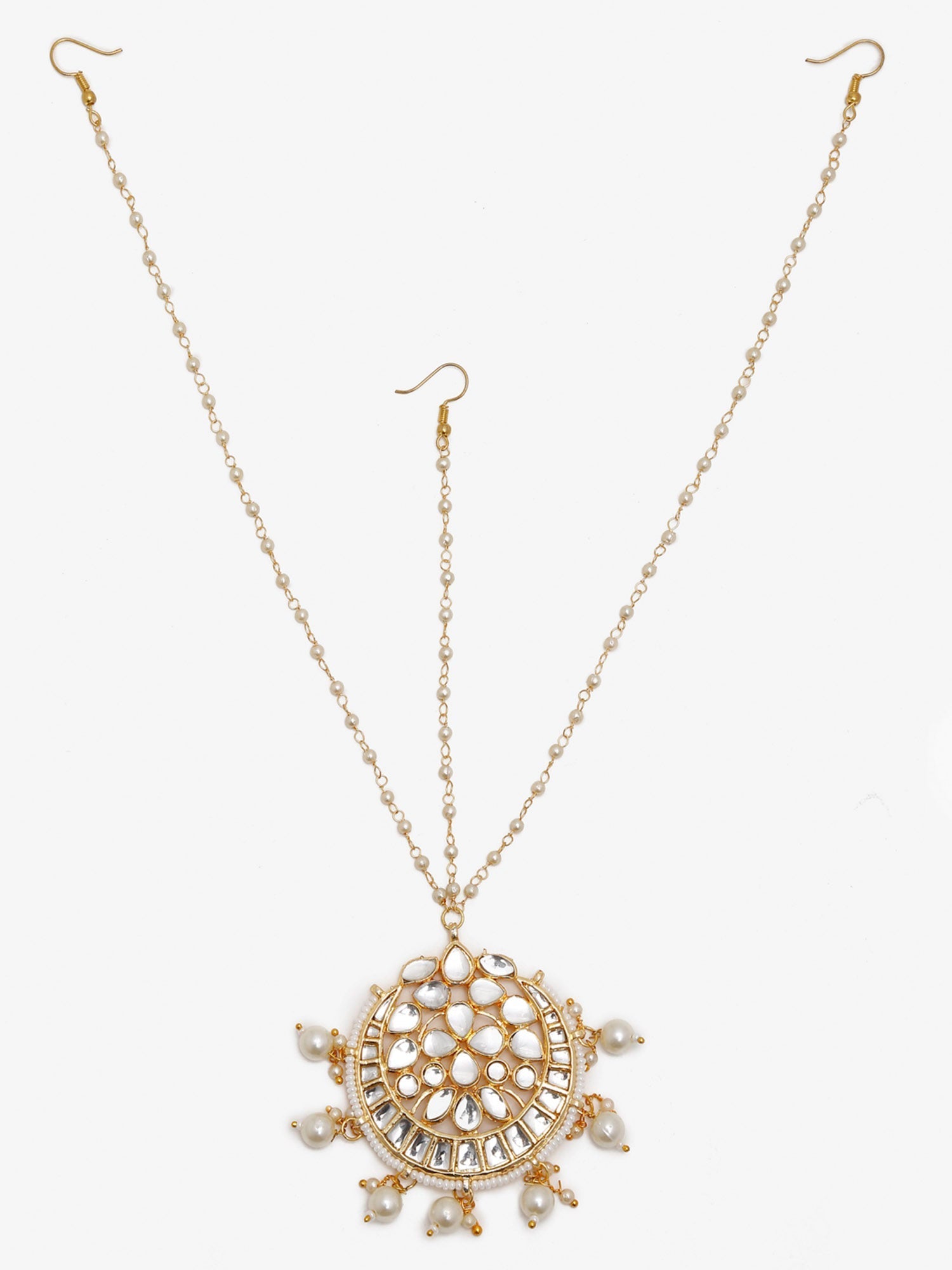 Gold-Plated White Kundan-Studded Pearl Beaded Handcrafted Maatha Patti - Ruby Raang - Grab2buy