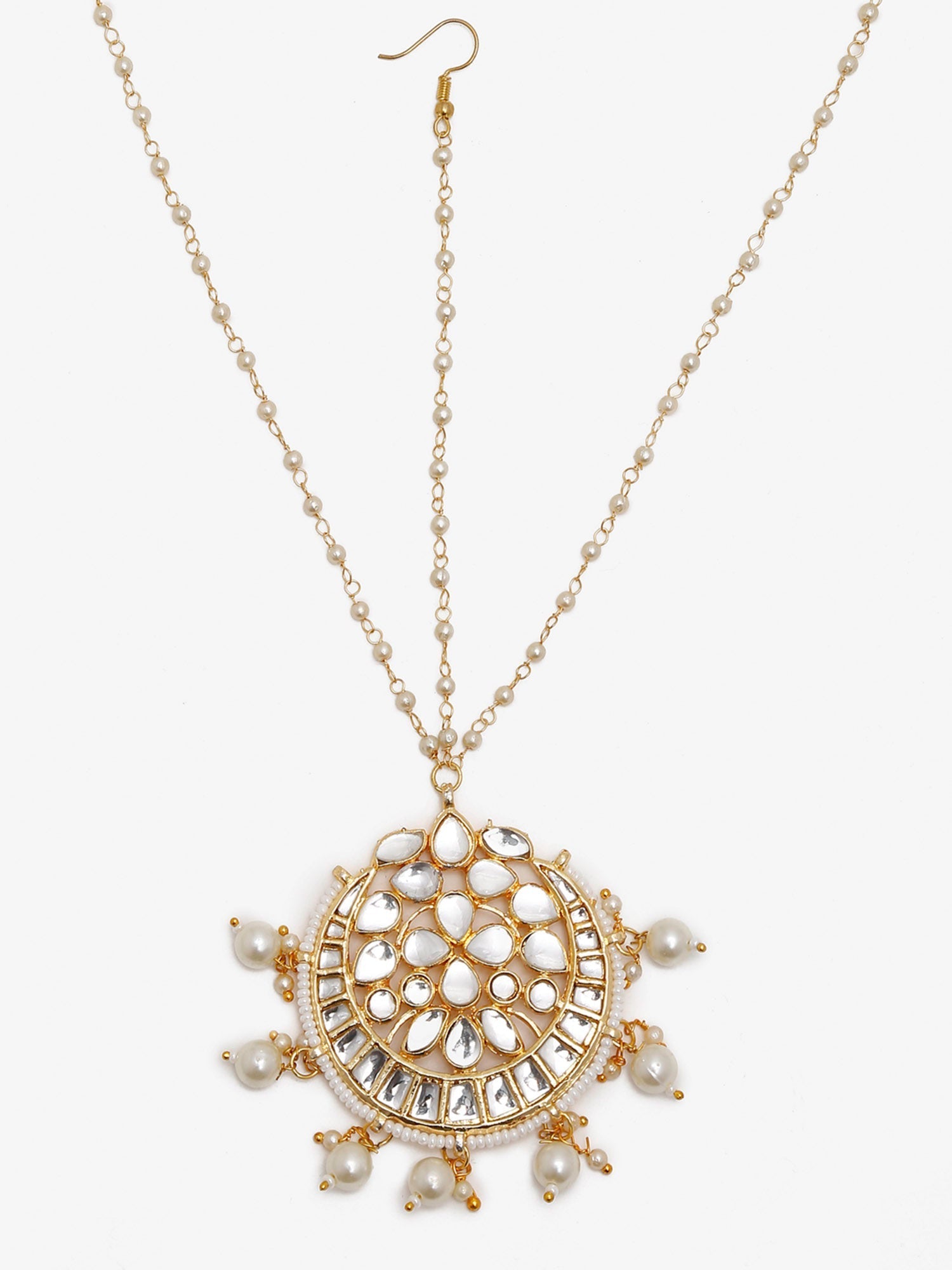 Gold-Plated White Kundan-Studded Pearl Beaded Handcrafted Maatha Patti - Ruby Raang - Grab2buy