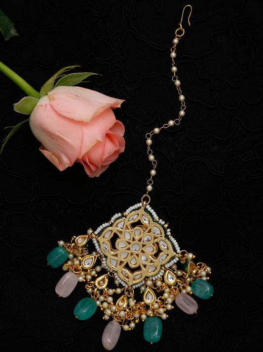 Multicoloured Gold Plated Kundan Maang Tikka - Ruby Raang - Grab2buy