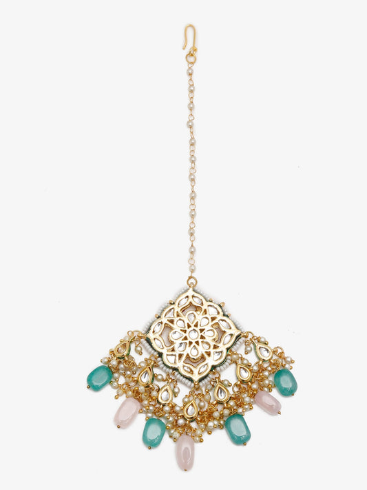 Multicoloured Gold Plated Kundan Maang Tikka - Ruby Raang - Grab2buy
