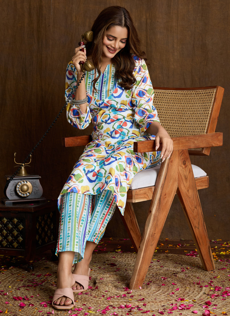 Prazu Fashion Multi Color Printed Cotton Blend Kurta Pant Set