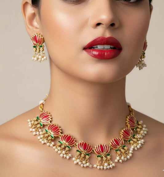 Jewel City Gold-Plated Traditional Handcrafted Multi-Color Lotus Kundan Necklace Set