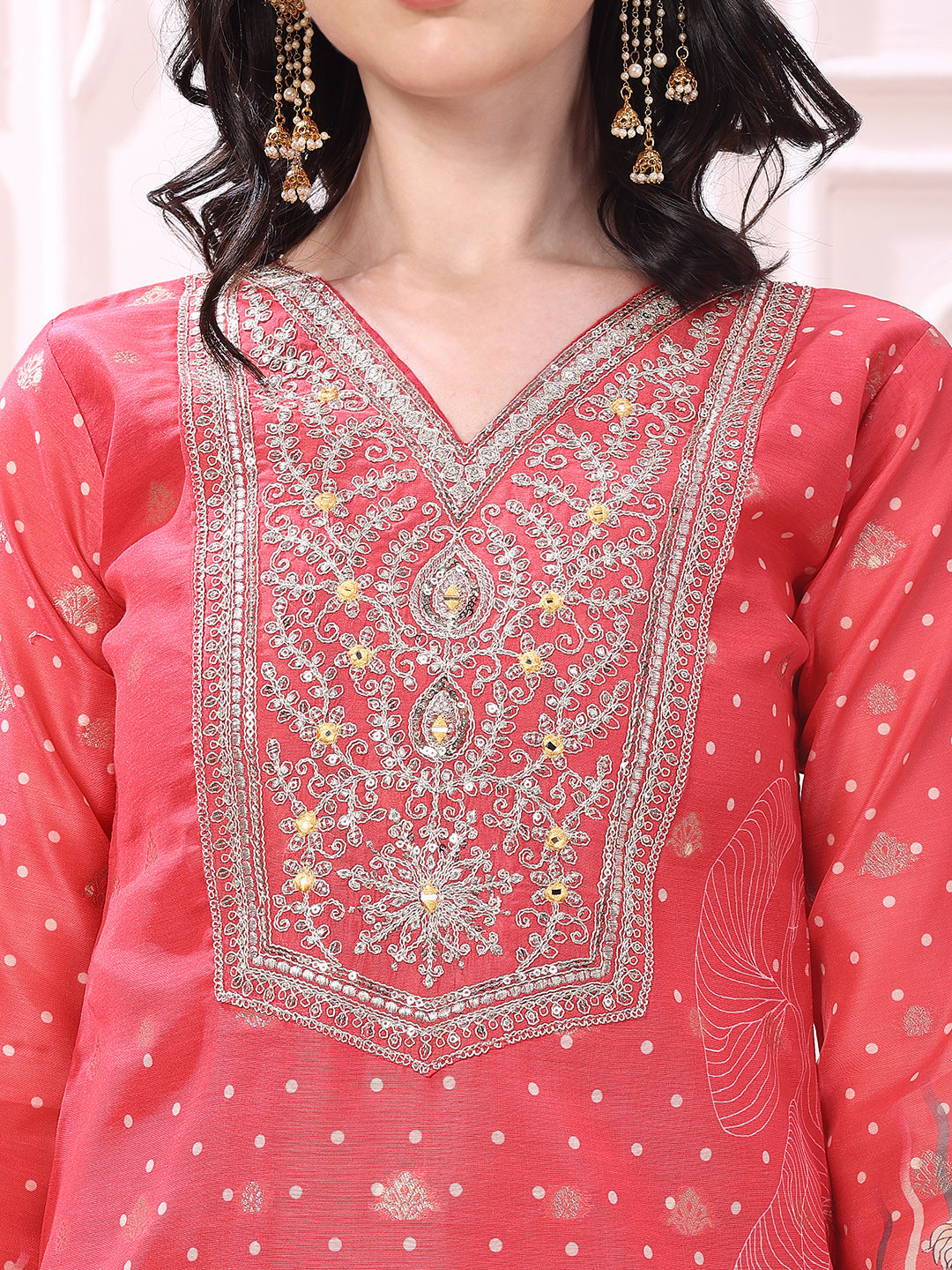 Sequinned & Thread Embroidered Kurta With Pant & Embroidered Dupatta, Coral - Hiral Fashion