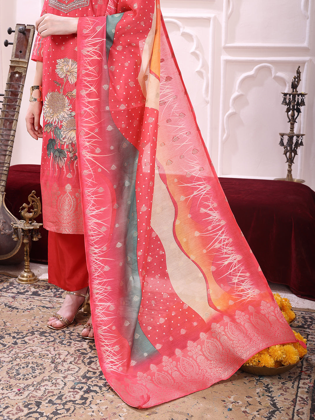 Sequinned & Thread Embroidered Kurta With Pant & Embroidered Dupatta, Coral - Hiral Fashion