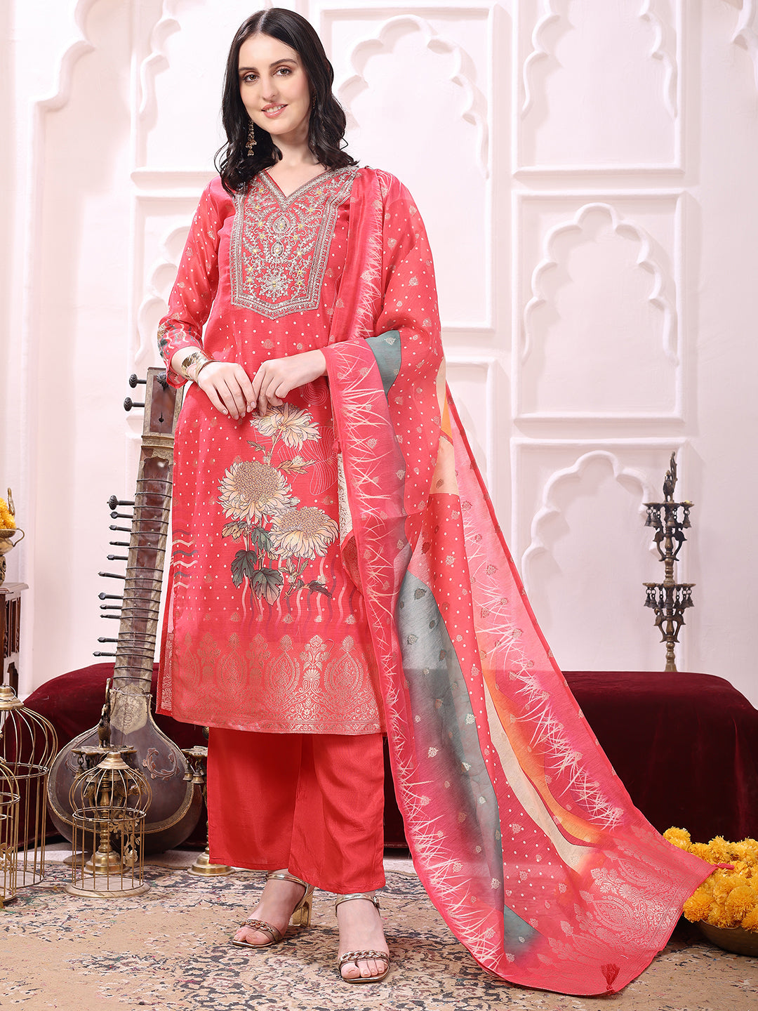 Sequinned & Thread Embroidered Kurta With Pant & Embroidered Dupatta, Coral - Hiral Fashion