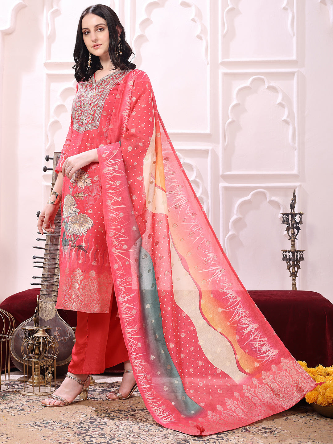 Sequinned & Thread Embroidered Kurta With Pant & Embroidered Dupatta, Coral - Hiral Fashion