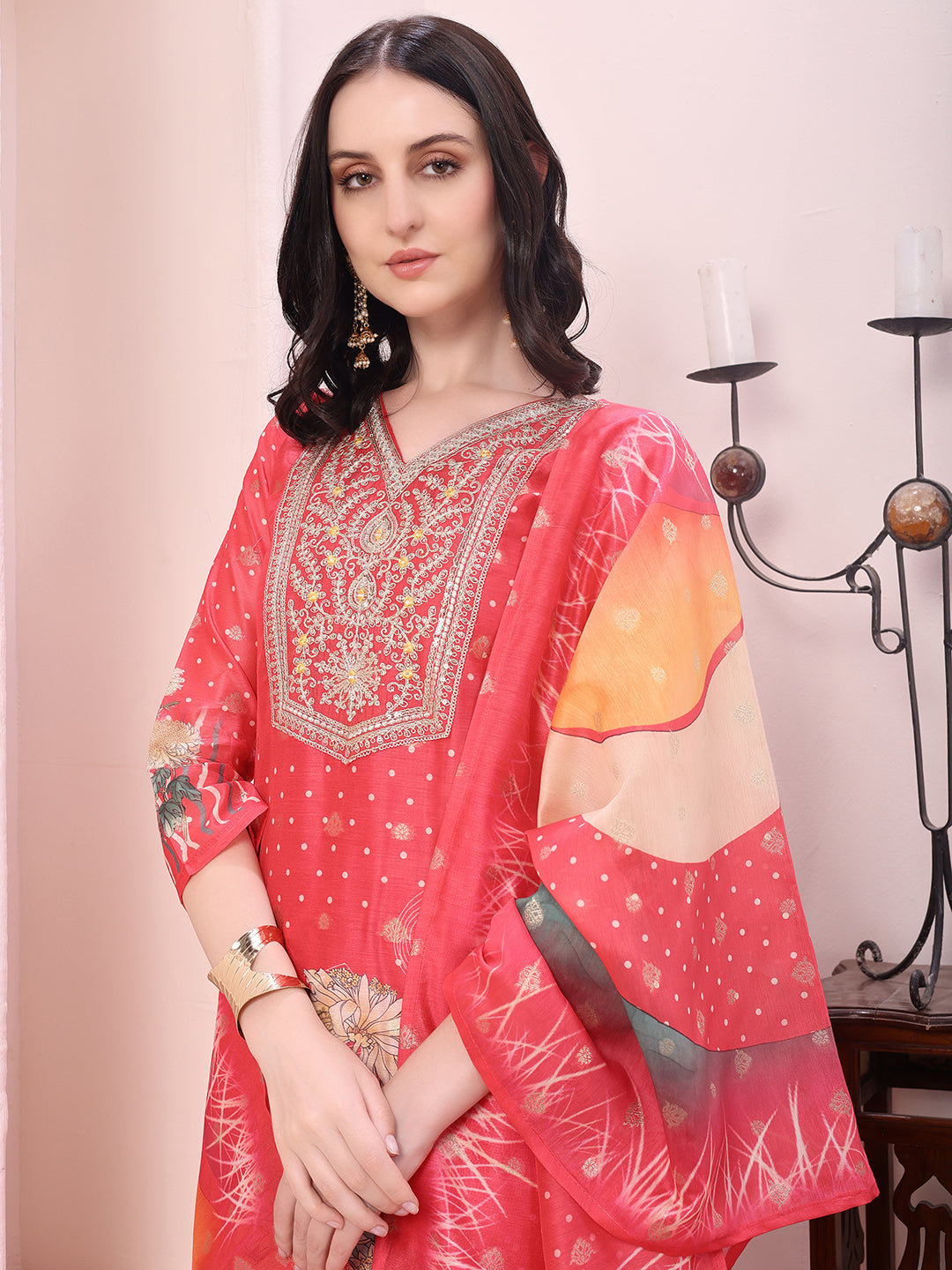 Sequinned & Thread Embroidered Kurta With Pant & Embroidered Dupatta, Coral - Hiral Fashion