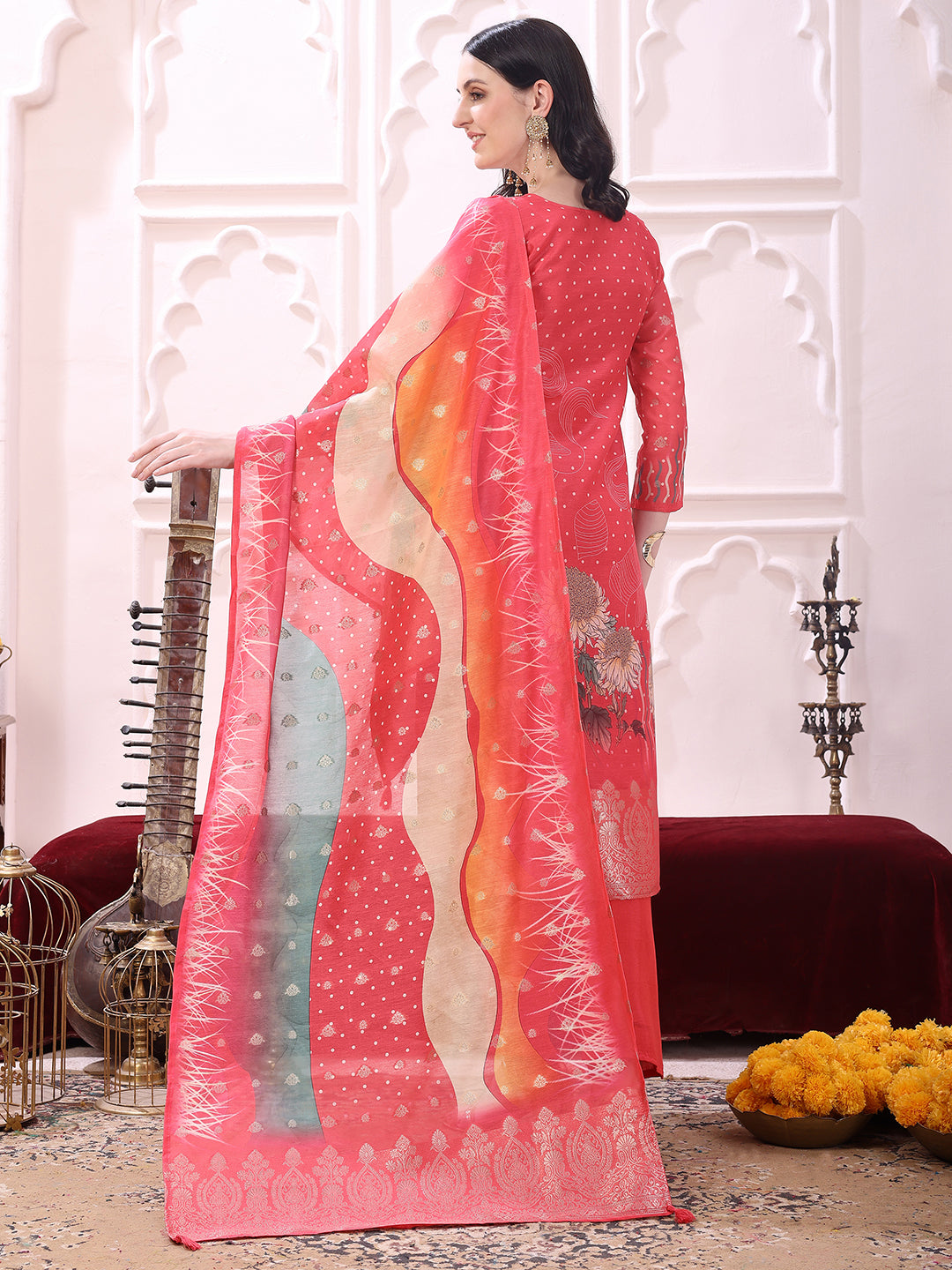 Sequinned & Thread Embroidered Kurta With Pant & Embroidered Dupatta, Coral - Hiral Fashion