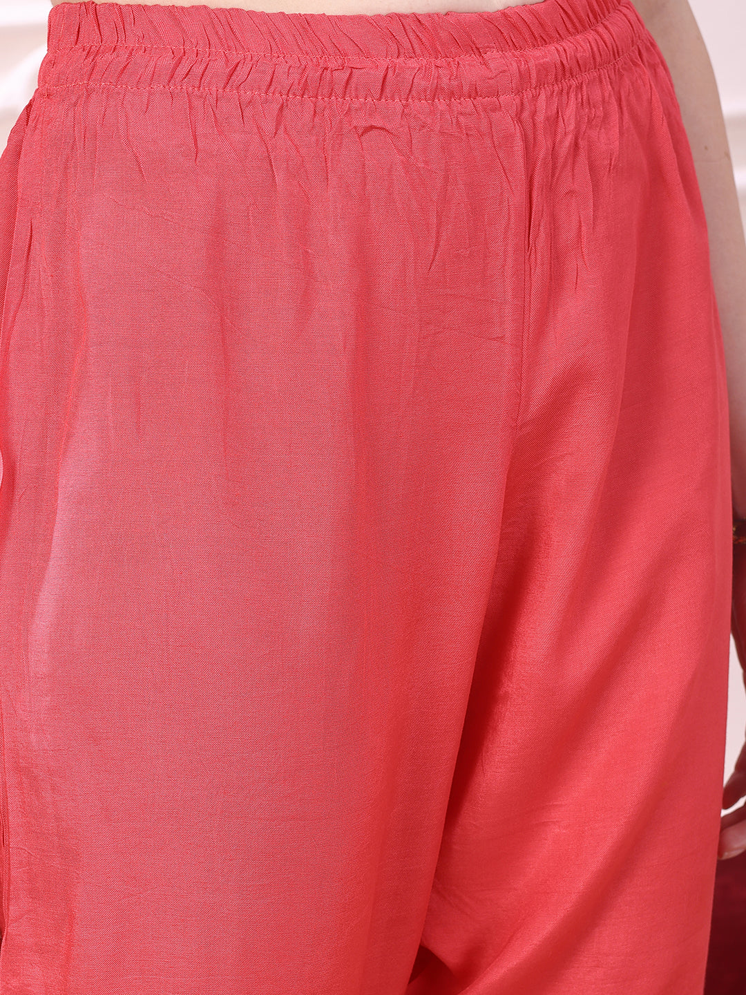Embroidered Yoke & Floral Printed Kurta With Coordinated Dupatta And Pant Set, Coral - Hiral Fashion