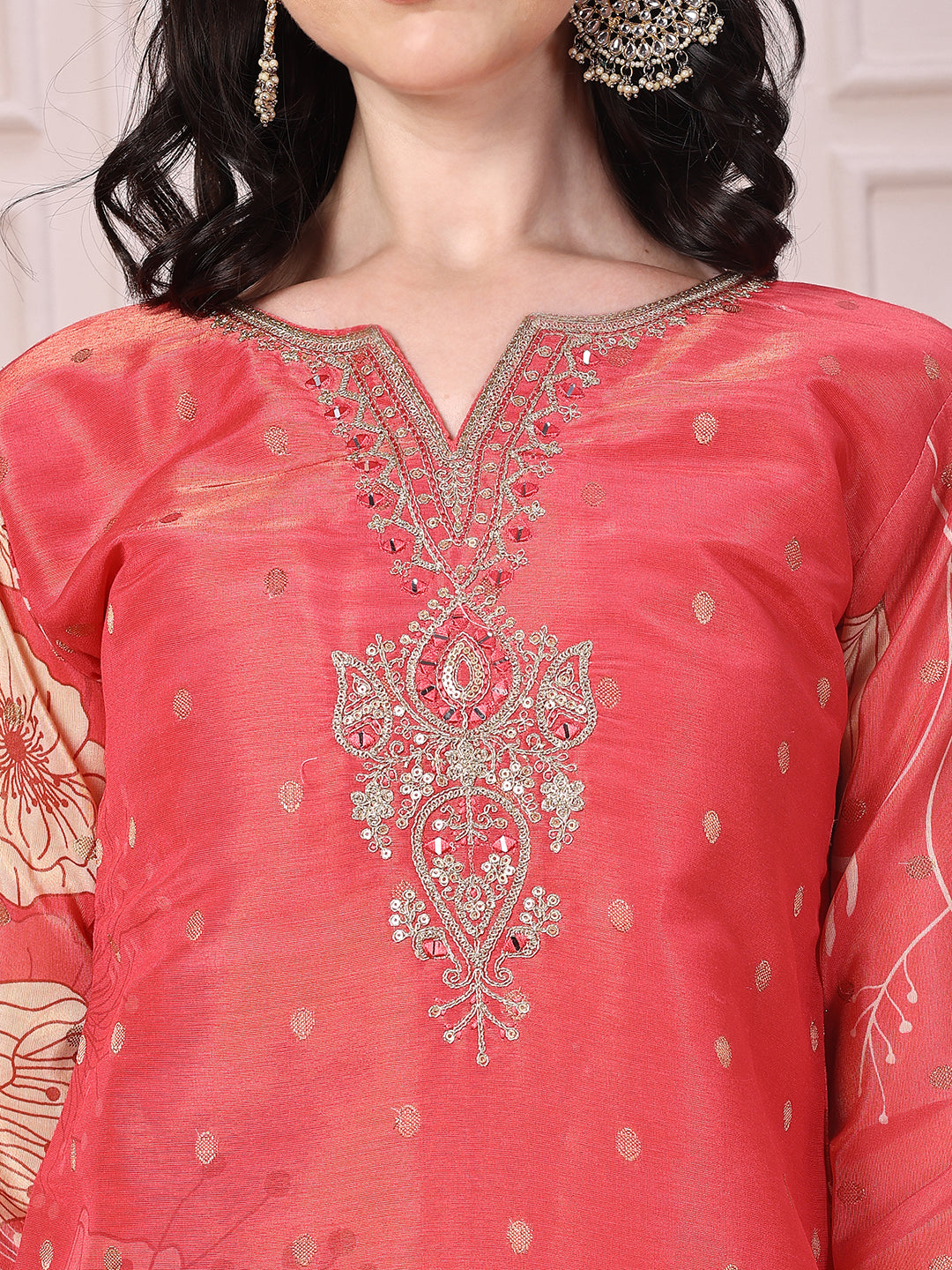 Embroidered Yoke & Floral Printed Kurta With Coordinated Dupatta And Pant Set, Coral - Hiral Fashion