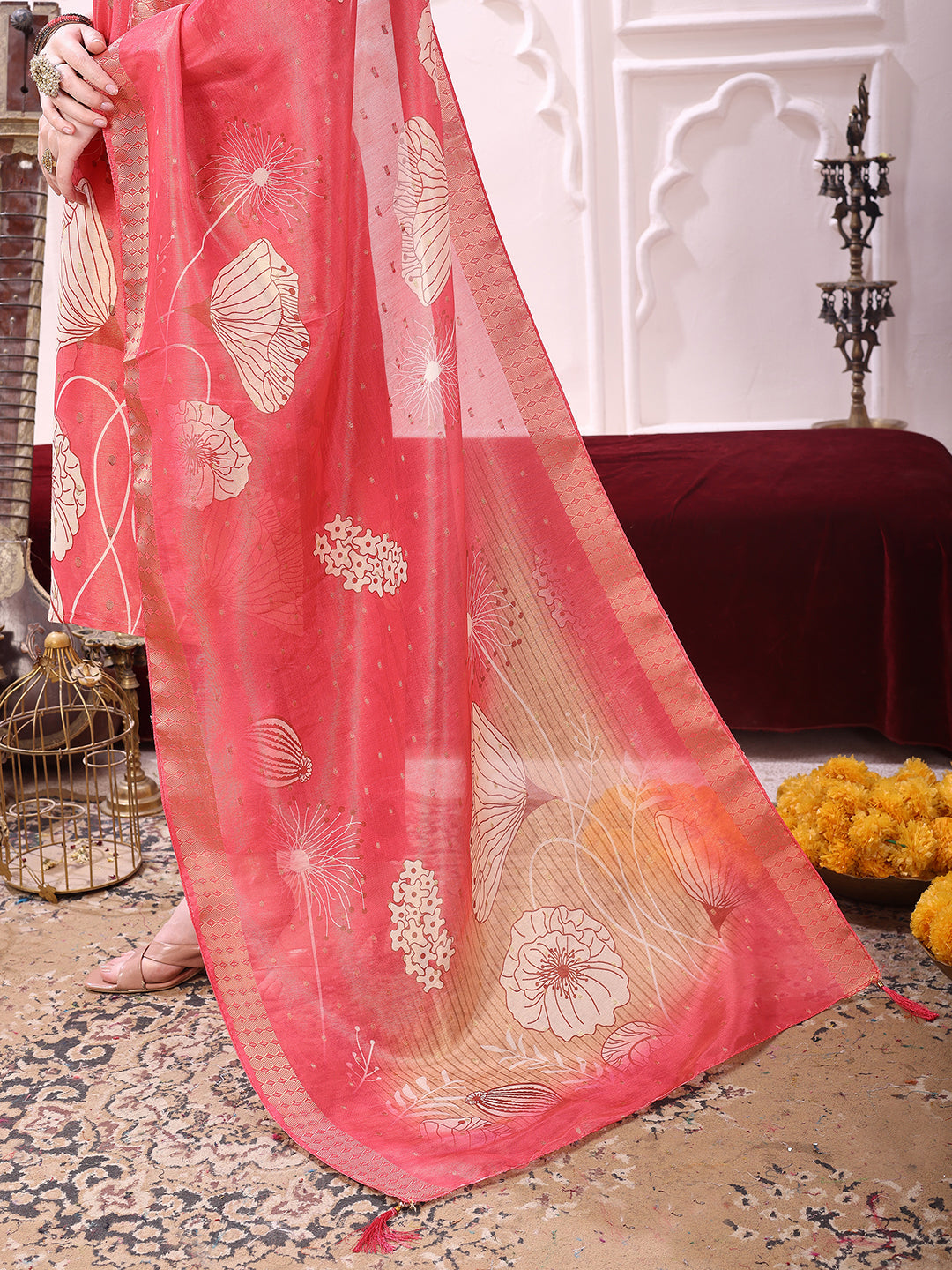 Embroidered Yoke & Floral Printed Kurta With Coordinated Dupatta And Pant Set, Coral - Hiral Fashion