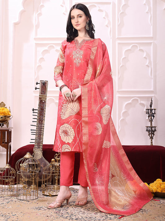 Embroidered Yoke & Floral Printed Kurta With Coordinated Dupatta And Pant Set, Coral - Hiral Fashion
