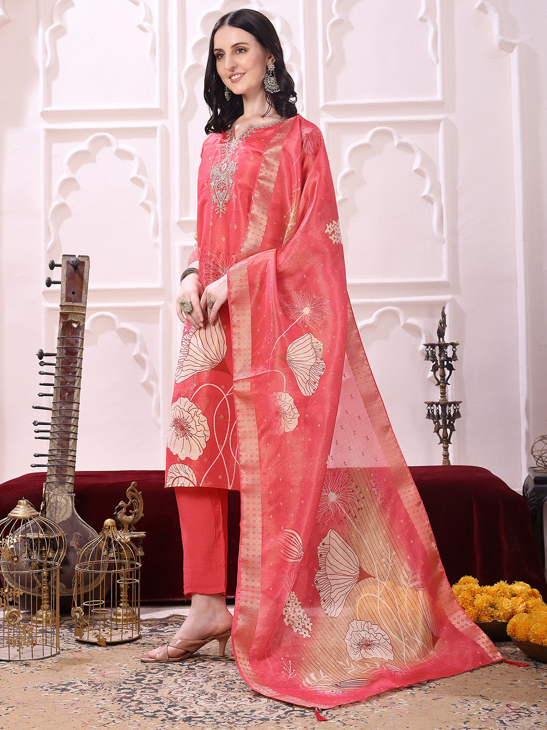 Embroidered Yoke & Floral Printed Kurta With Coordinated Dupatta And Pant Set, Coral - Hiral Fashion