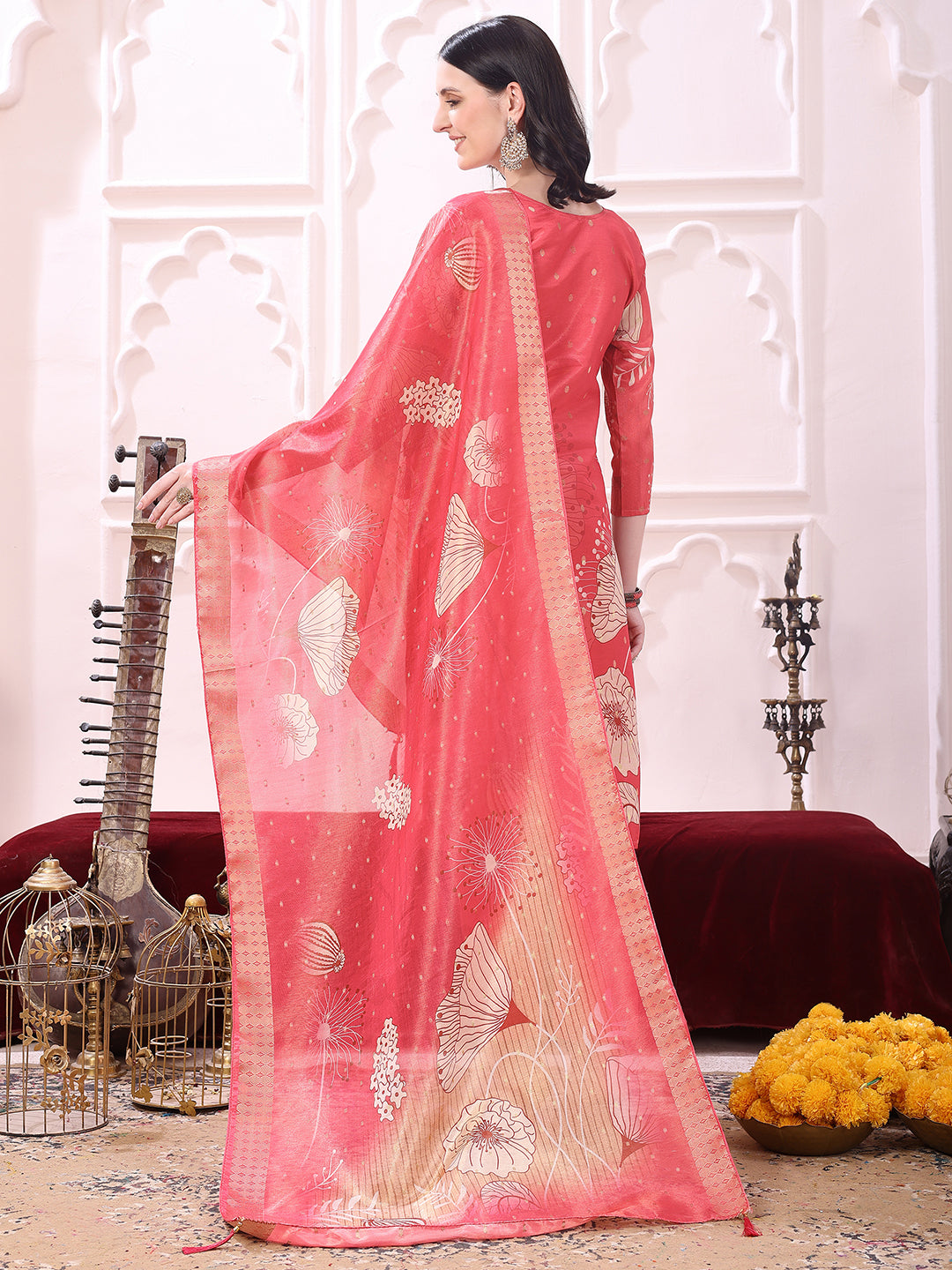 Embroidered Yoke & Floral Printed Kurta With Coordinated Dupatta And Pant Set, Coral - Hiral Fashion