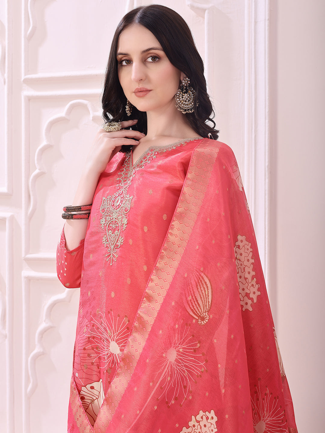 Embroidered Yoke & Floral Printed Kurta With Coordinated Dupatta And Pant Set, Coral - Hiral Fashion