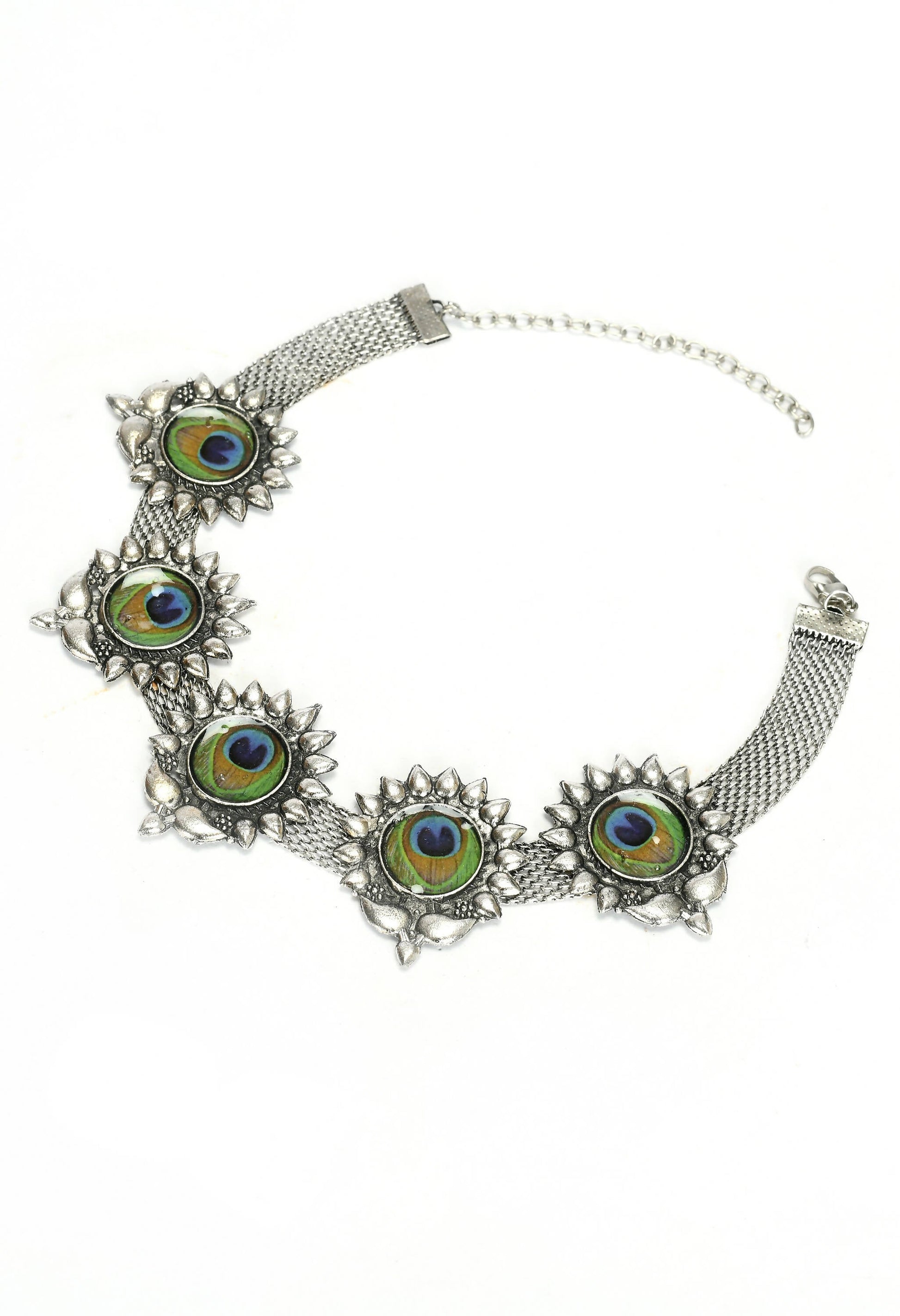 Mominos Fashion Johar Kamal Oxidised Silver-Plated Peacock Wings Work Necklace Handicraft - Grab2buy
