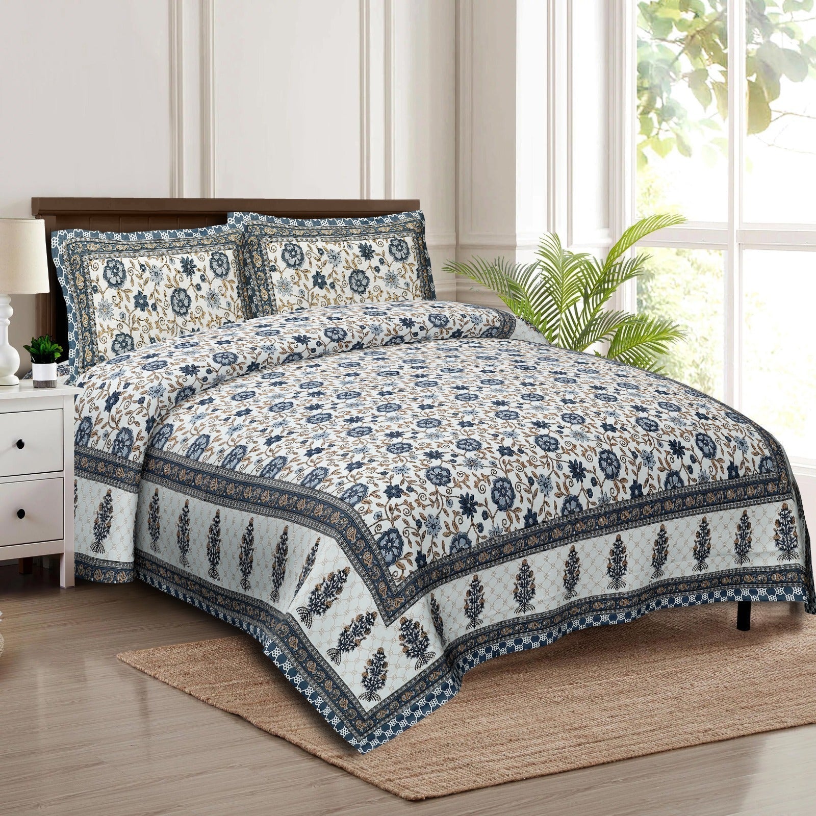 Rudra Bazaar Multicolour 210 TC Cotton Double King Bedsheet With 2 Pillow Covers