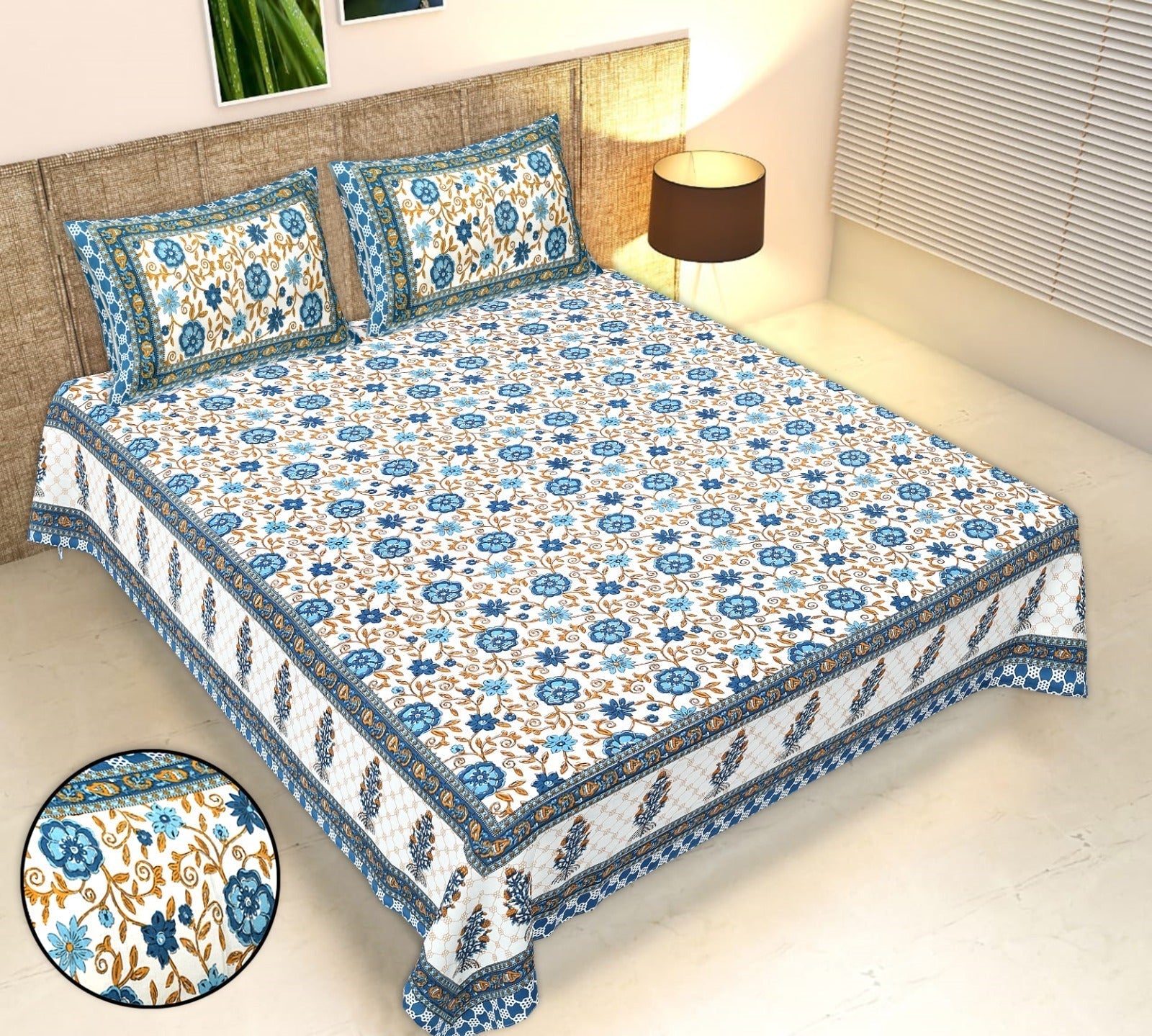 Rudra Bazaar Multicolour 210 TC Cotton Double King Bedsheet With 2 Pillow Covers