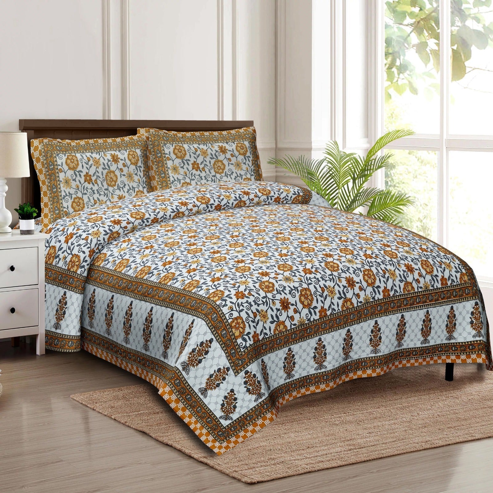 Rudra Bazaar Multicolour 210 TC Cotton Double King Bedsheet With 2 Pillow Covers
