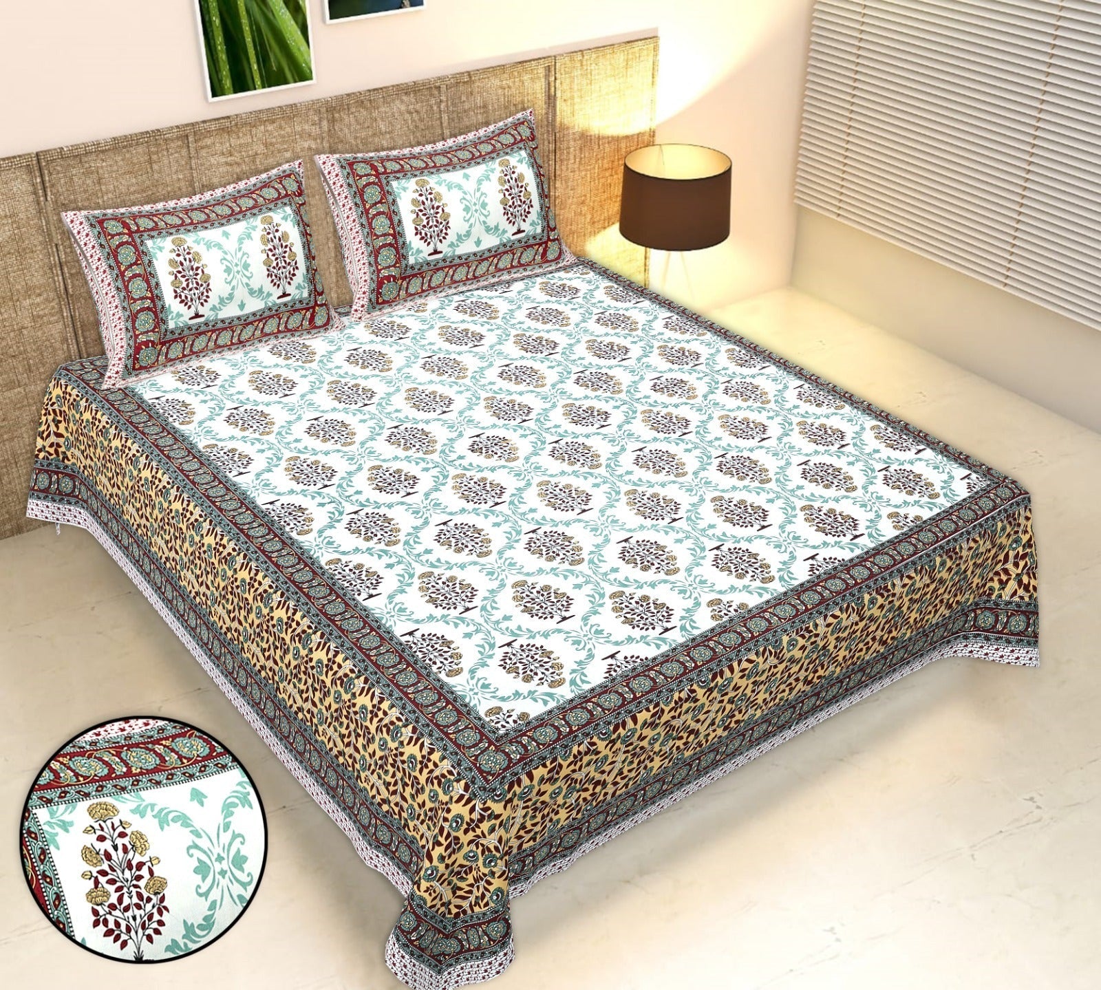 Rudra Bazaar Multicolour 210 TC Cotton Double King Bedsheet With 2 Pillow Covers