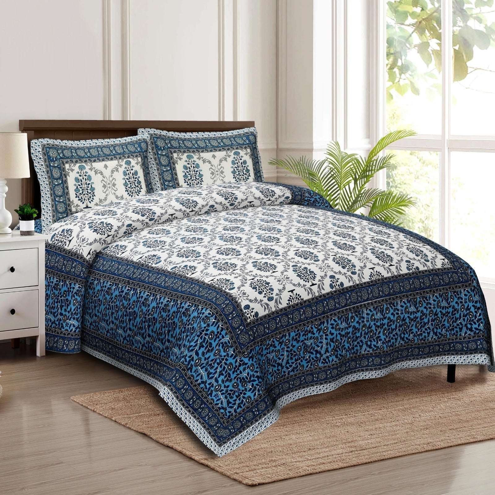 Rudra Bazaar Multicolour 210 TC Cotton Double King Bedsheet With 2 Pillow Covers