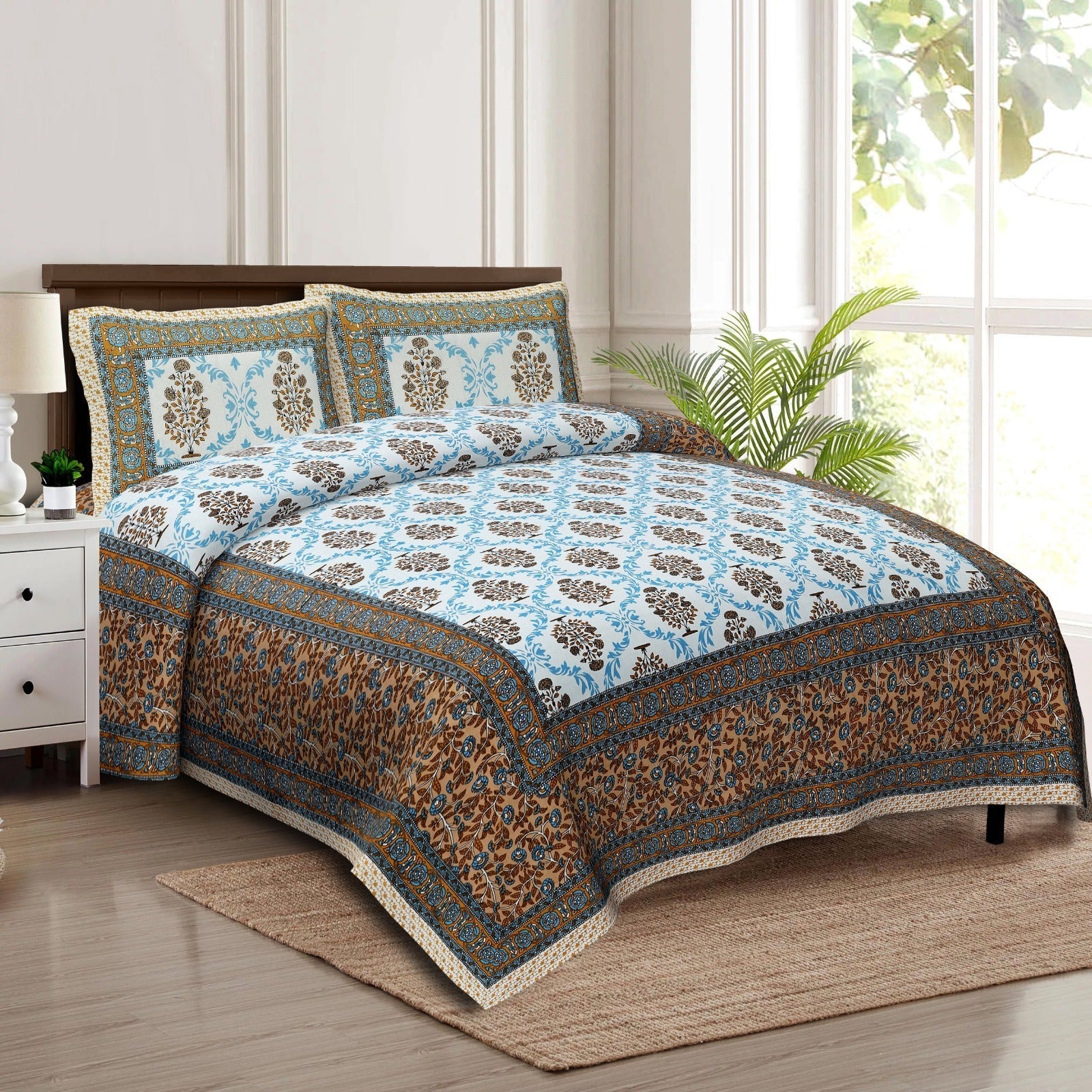 Rudra Bazaar Multicolour 210 TC Cotton Double King Bedsheet With 2 Pillow Covers