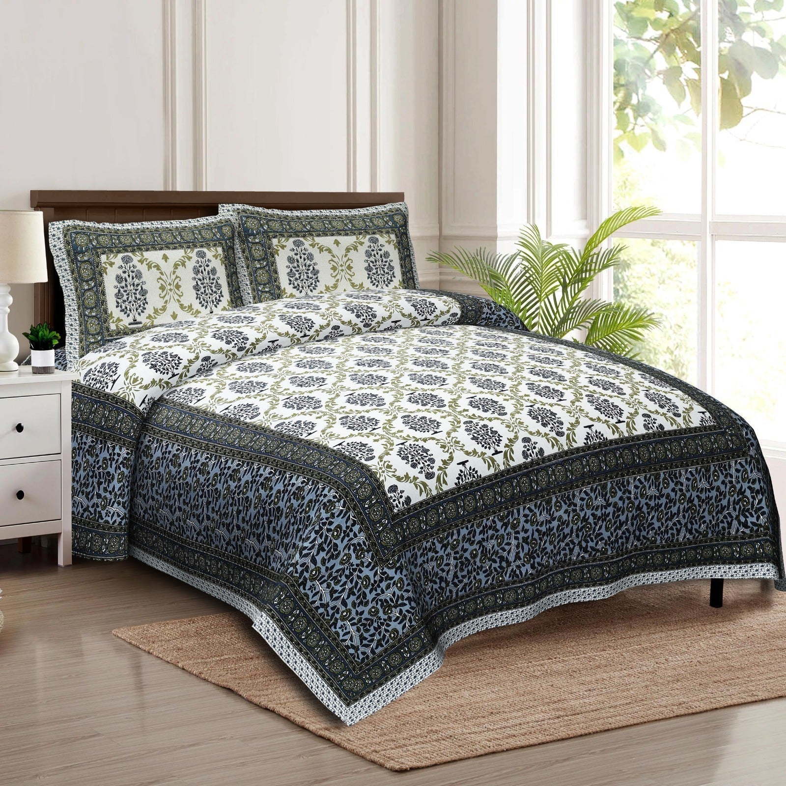 Rudra Bazaar Multicolour 210 TC Cotton Double King Bedsheet With 2 Pillow Covers
