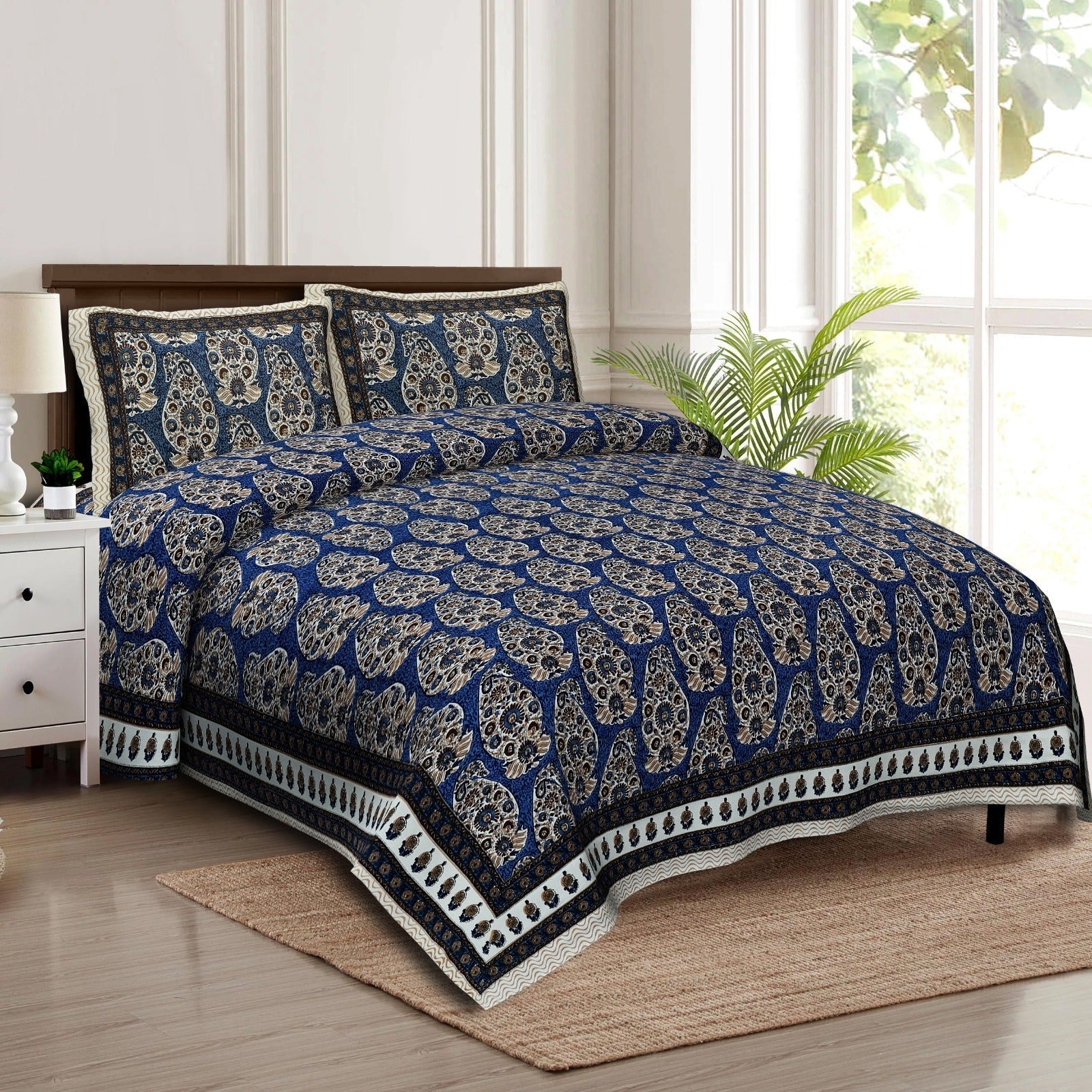 Rudra Bazaar Multicolour 210 TC Cotton Double King Bedsheet With 2 Pillow Covers