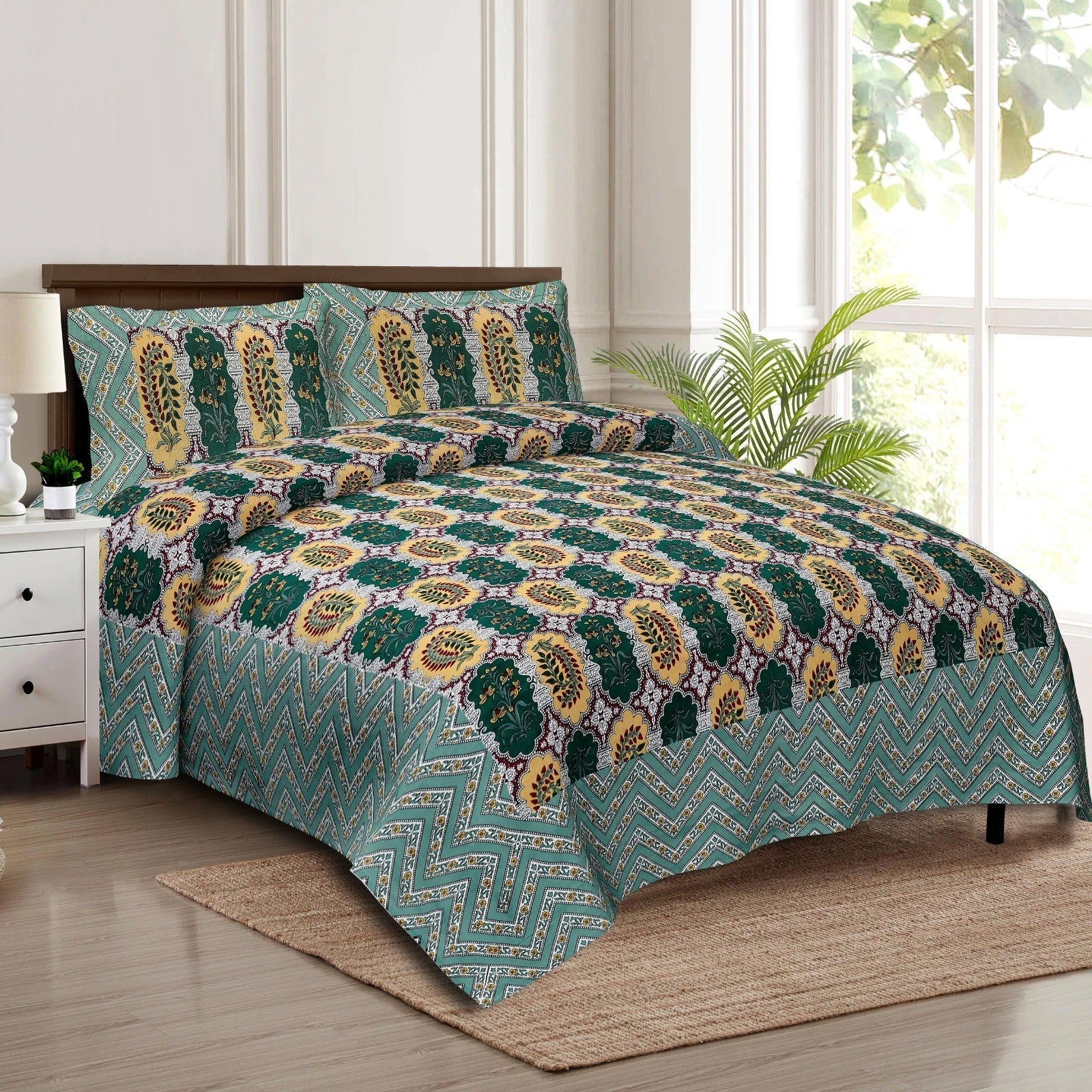 Rudra Bazaar Multicolour 210 TC Cotton Double King Bedsheet With 2 Pillow Covers
