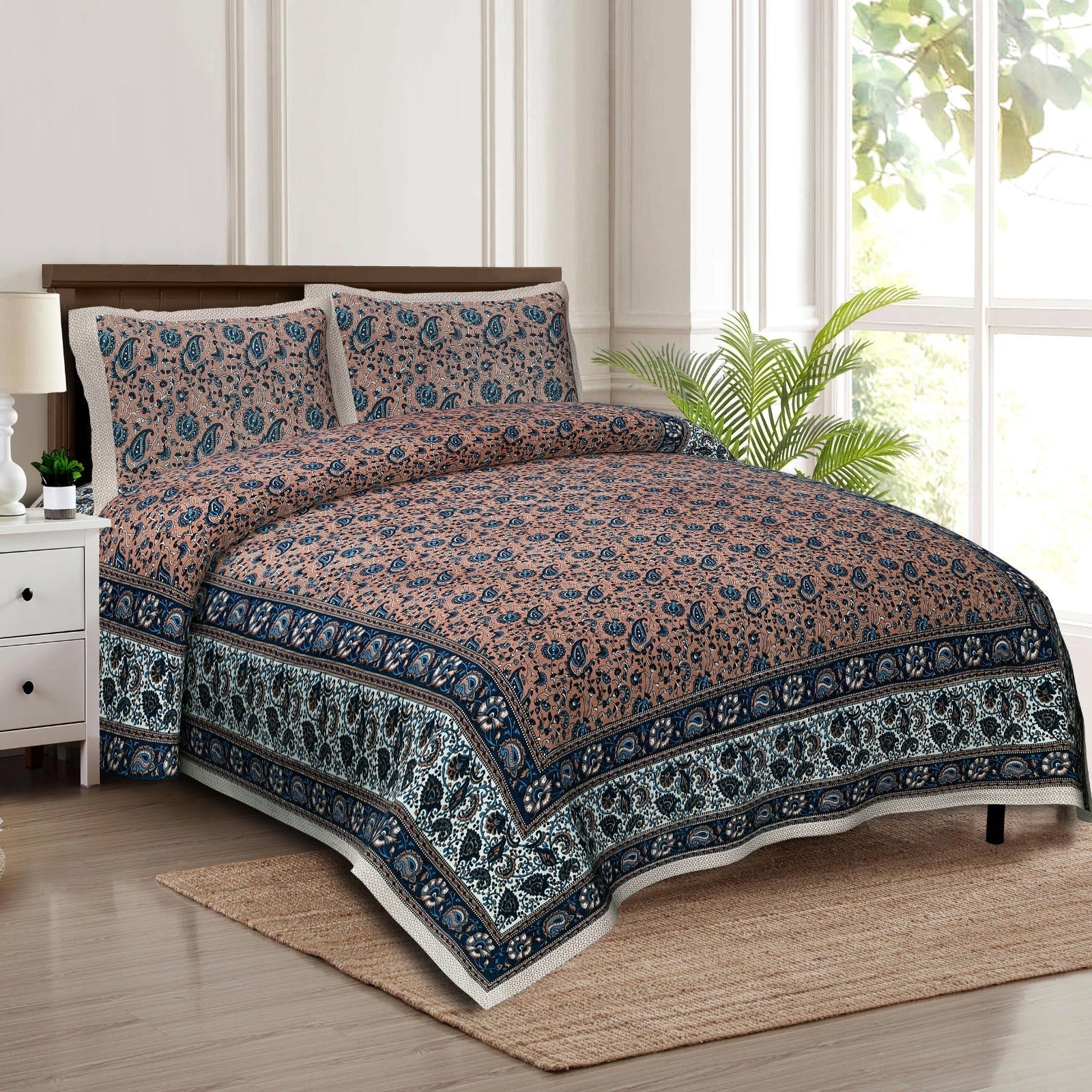 Rudra Bazaar Multicolour 210 TC Cotton Double King Bedsheet With 2 Pillow Covers