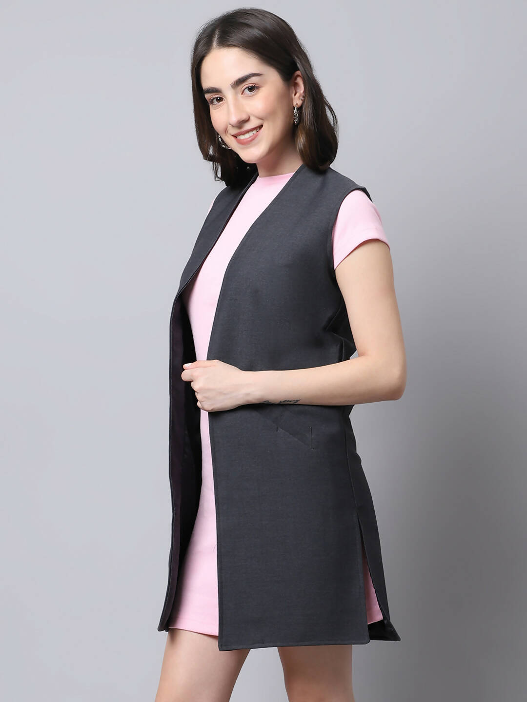 Even Apparels Grey Polywool Open Front Women's Long Coat