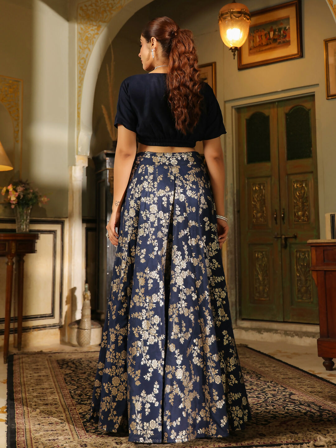 Janasya Navy Blue Silk Blend Solid Lehenga Choli 