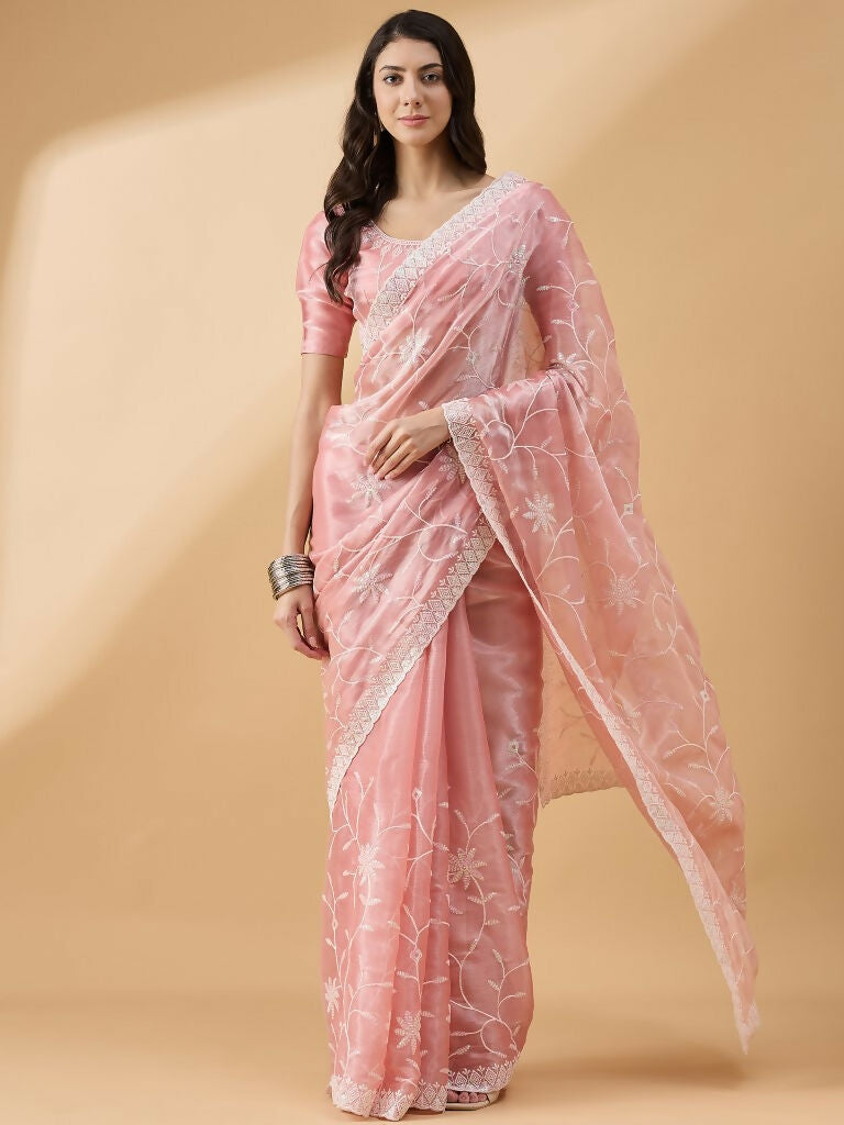 Peach Tissue Slub Embroidered Saree with Unstitched Blouse - Vairagi
