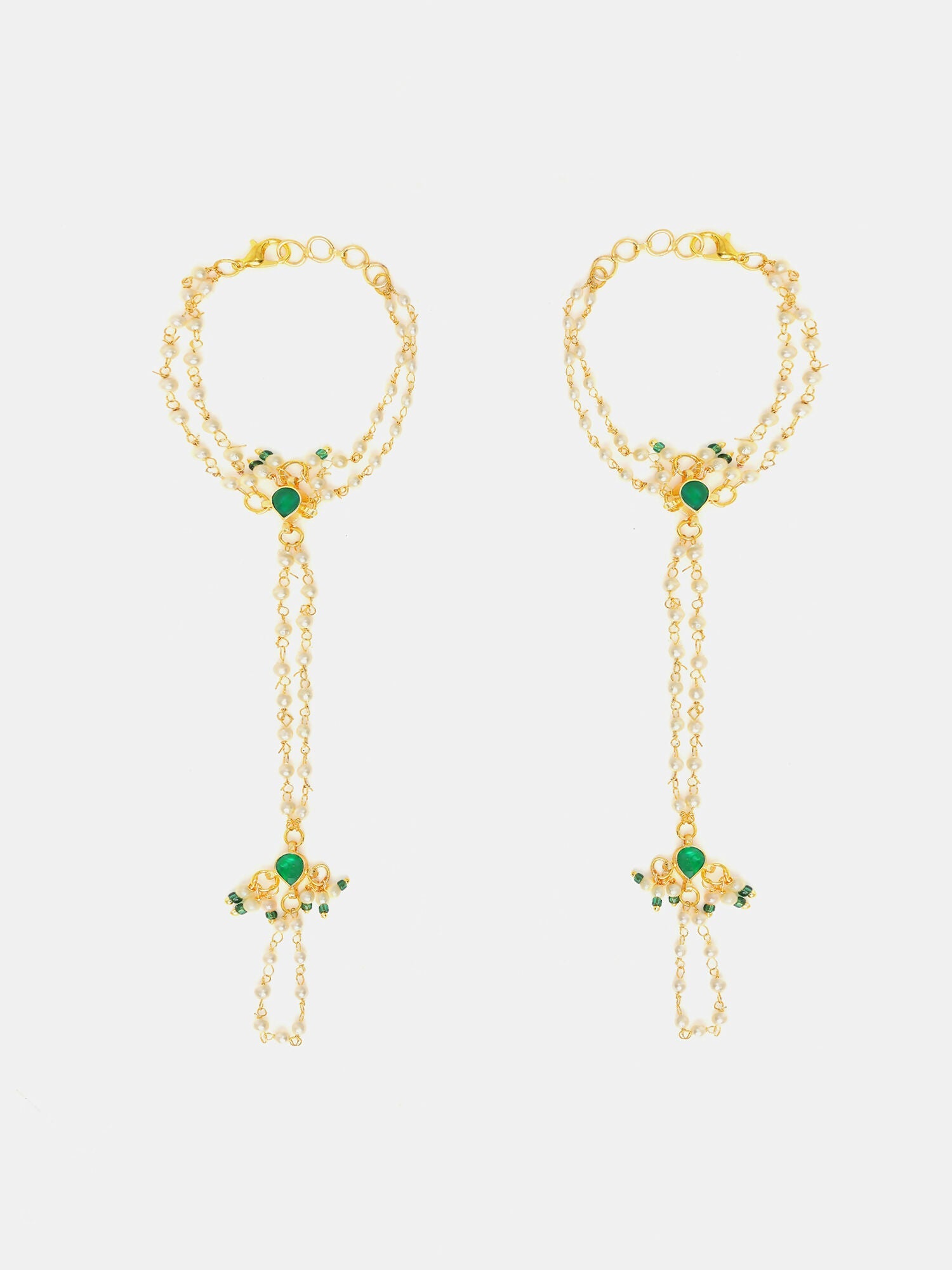 Ruby Raang Gold Hand Accessory With Green- White Kundan And Pearls