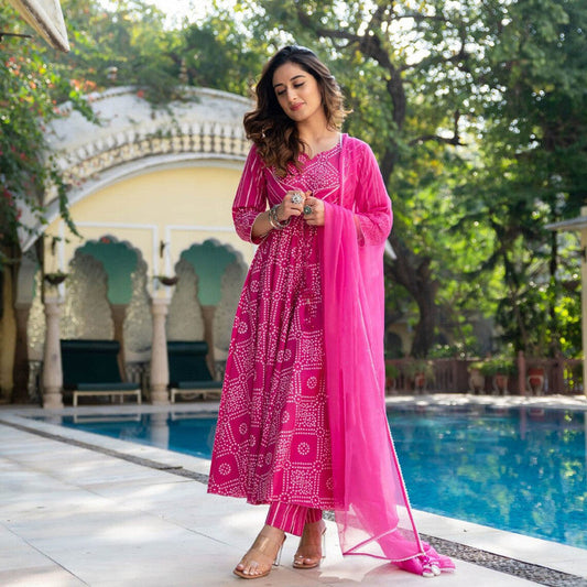 Malishka Women's Pink Cotton Bandhani Kurta Pant Set With Dupatta - Pink - Grab2buy