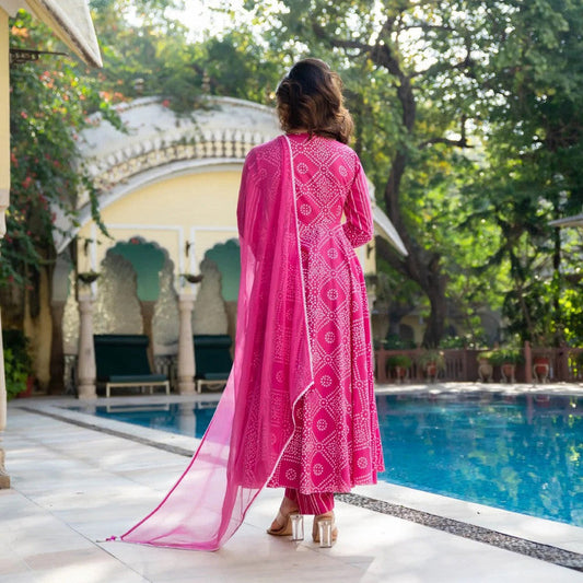 Malishka Women's Pink Cotton Bandhani Kurta Pant Set With Dupatta - Pink - Grab2buy