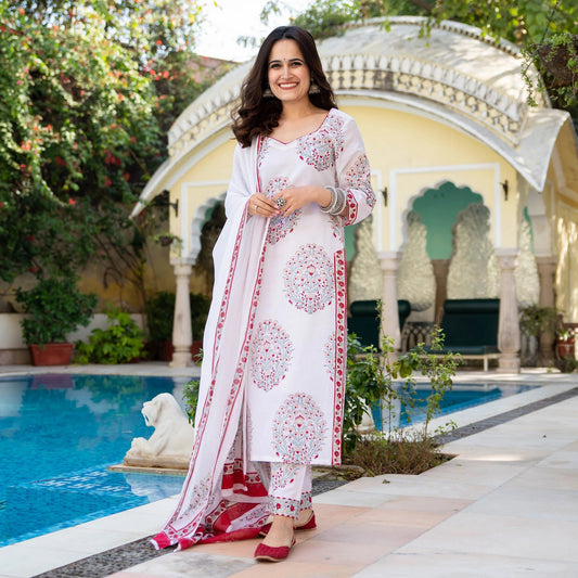 Malishka Women's White Cotton Floral Printed Kurta Pant Set With Dupatta - White - Grab2buy