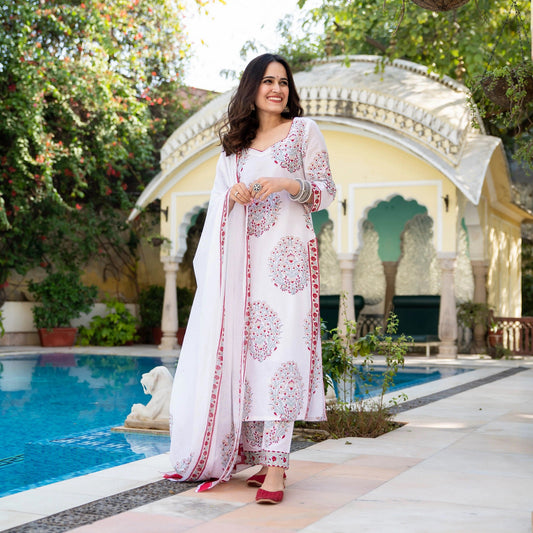 Malishka Women's White Cotton Floral Printed Kurta Pant Set With Dupatta - White - Grab2buy