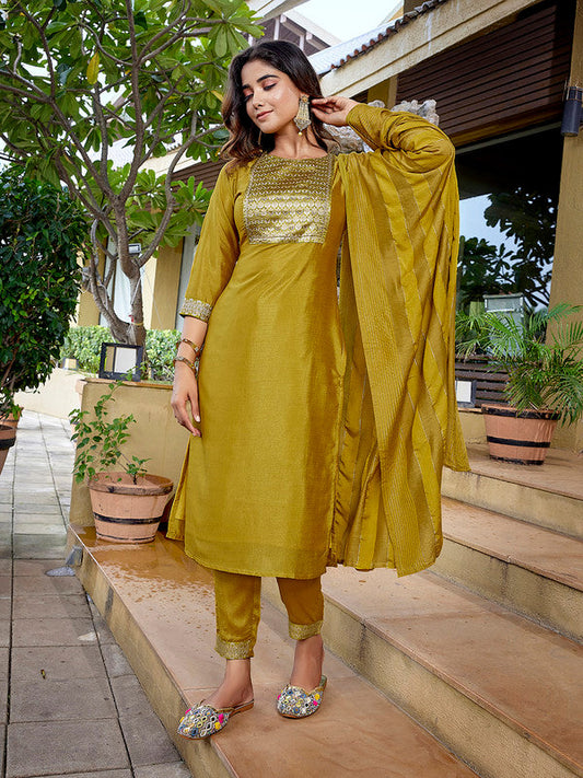 Malishka Women's Silk Blend Solid Straight Kurta Pant With Dupatta - Mustard