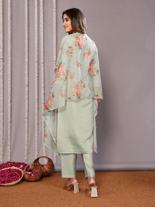 NOZ2TOZ Women's Embroidered Straight Kurta Pant With Dupatta - Light Green