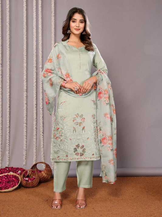 NOZ2TOZ Women's Embroidered Straight Kurta Pant With Dupatta - Light Green