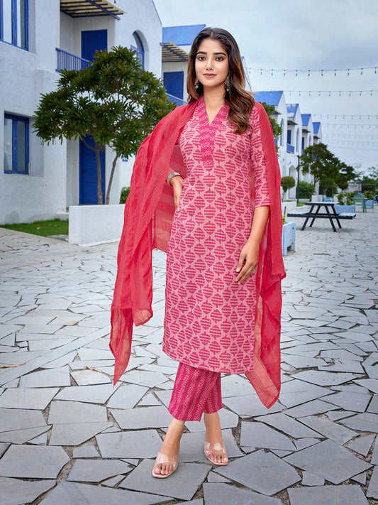 NOZ2TOZ Women's Cotton Blend Printed Straight Kurta Pant With Dupatta - Pink
